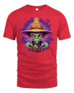 Alien Wizard Magic Spell Cosmic Art Graphic T-Shirt - red t-shirt on white background