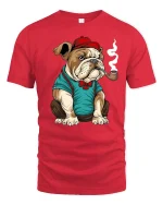 Gentleman Bulldog Funny Pipe Smoking Graphic T-Shirt - red t-shirt on white background