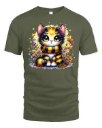 Cute Autumn Cat With Scarf Cozy Fall Graphic T-Shirt - military green t-shirt on white background