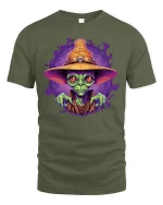 Alien Wizard Magic Spell Cosmic Art Graphic T-Shirt - military green t-shirt on white background