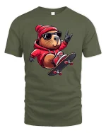 Cool Skateboard Beaver Street Style Funny Graphic Tee - military green t-shirt on white background