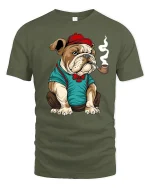 Gentleman Bulldog Funny Pipe Smoking Graphic T-Shirt - military green t-shirt on white background