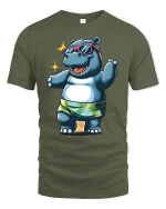 Funny Beach Hippo Sunglasses Summer Vibe Graphic Tee - military green t-shirt on white background