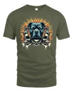 Fierce Dog Skull Fire Flame Biker Style Graphic Tee - military green t-shirt on white background