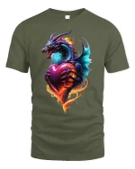 Fiery Dragon Heart Love Flame Fantasy Art T-Shirt - military green t-shirt on white background