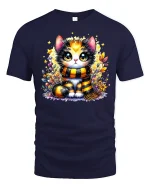 Cute Autumn Cat With Scarf Cozy Fall Graphic T-Shirt - navy t-shirt on white background