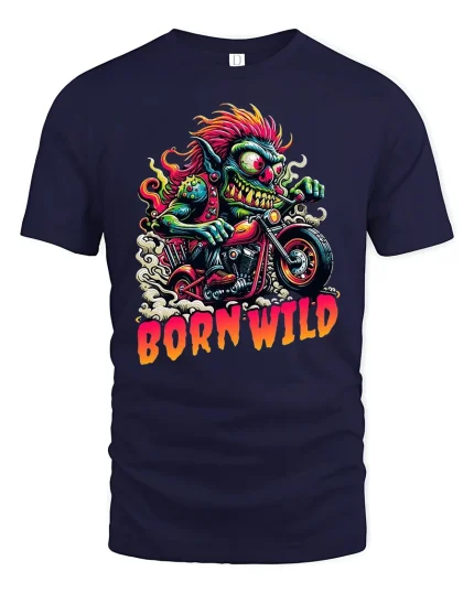 Born Wild Biker Monster Graphic Tee For Riders - navy t-shirt on white background