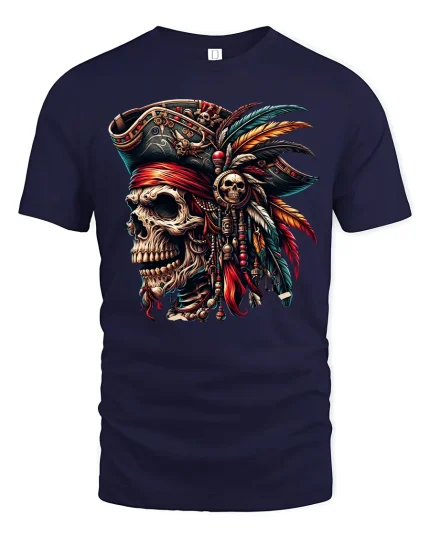 Pirate Skull Captain Feathered Hat Gothic Art T-Shirt - navy t-shirt on white background