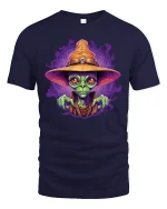 Alien Wizard Magic Spell Cosmic Art Graphic T-Shirt - navy t-shirt on white background