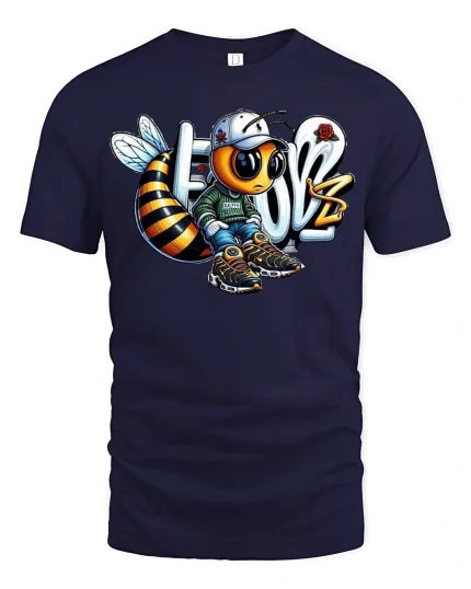 Cool Streetwear Bee Urban Style Graphic Art T-Shirt - navy t-shirt on white background