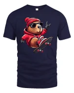 Cool Skateboard Beaver Street Style Funny Graphic Tee - navy t-shirt on white background
