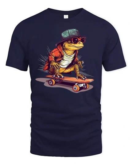 Cool Lizard Skateboard Street Style Funny Graphic Tee - navy t-shirt on white background