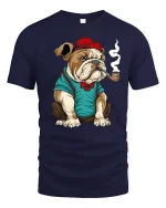 Gentleman Bulldog Funny Pipe Smoking Graphic T-Shirt - navy t-shirt on white background
