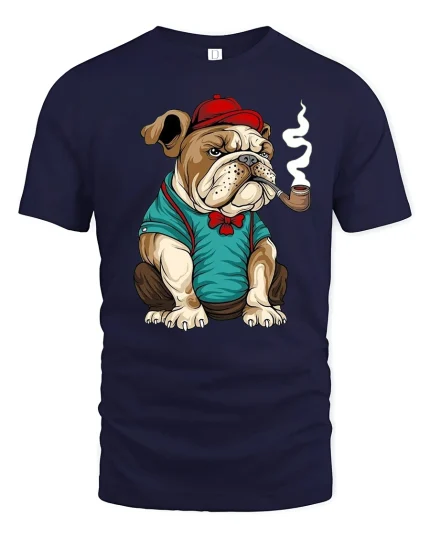 Gentleman Bulldog Funny Pipe Smoking Graphic T-Shirt - navy t-shirt on white background