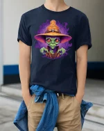 Alien Wizard Magic Spell Cosmic Art Graphic T-Shirt - model wearing navy tee with hands in pockets