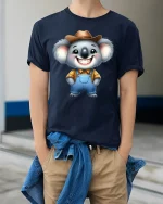 Happy Cowboy Koala Cute Country Style Graphic T-Shirt - model wearing navy tee with hands in pockets