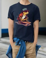 Cool Lizard Skateboard Street Style Funny Graphic Tee - model wearing navy tee with hands in pockets