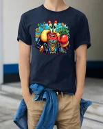 Funny Money Crab Bling Rich Boss Cartoon Graphic Tee - model wearing navy tee with hands in pockets