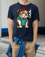 Gentleman Bulldog Funny Pipe Smoking Graphic T-Shirt - model wearing navy tee with hands in pockets