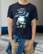 Funny Beach Hippo Sunglasses Summer Vibe Graphic Tee - model wearing navy tee with hands in pockets