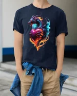 Fiery Dragon Heart Love Flame Fantasy Art T-Shirt - model wearing navy tee with hands in pockets
