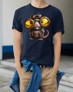 Funny Steampunk Mouse Big Goggles Inventor T-Shirt - model wearing navy tee with hands in pockets