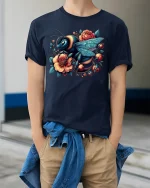 Floral Bee Art Nature Lover Vintage Garden T-Shirt - model wearing navy tee with hands in pockets