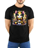 Cute Autumn Cat With Scarf Cozy Fall Graphic T-Shirt - model wearing black tee with hands behind back