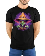 Alien Wizard Magic Spell Cosmic Art Graphic T-Shirt - model wearing black tee with hands behind back
