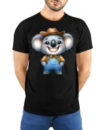 Happy Cowboy Koala Cute Country Style Graphic T-Shirt - model wearing black tee with hands behind back