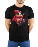 Cool Skateboard Beaver Street Style Funny Graphic Tee - model wearing black tee with hands behind back