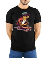 Cool Lizard Skateboard Street Style Funny Graphic Tee - model wearing black tee with hands behind back