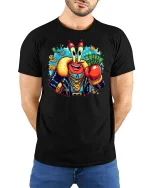 Funny Money Crab Bling Rich Boss Cartoon Graphic Tee - model wearing black tee with hands behind back