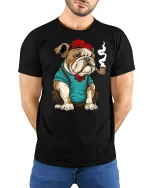 Gentleman Bulldog Funny Pipe Smoking Graphic T-Shirt - model wearing black tee with hands behind back