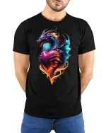 Fiery Dragon Heart Love Flame Fantasy Art T-Shirt - model wearing black tee with hands behind back