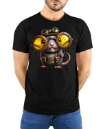 Funny Steampunk Mouse Big Goggles Inventor T-Shirt - model wearing black tee with hands behind back