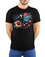 Floral Bee Art Nature Lover Vintage Garden T-Shirt - model wearing black tee with hands behind back