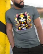Cute Autumn Cat With Scarf Cozy Fall Graphic T-Shirt - model wearing grey tee, leaning on column
