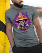 Alien Wizard Magic Spell Cosmic Art Graphic T-Shirt - model wearing grey tee, leaning on column
