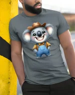 Happy Cowboy Koala Cute Country Style Graphic T-Shirt - model wearing grey tee, leaning on column