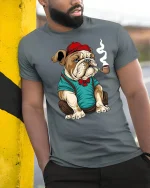 Gentleman Bulldog Funny Pipe Smoking Graphic T-Shirt - model wearing grey tee, leaning on column