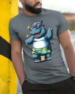 Funny Beach Hippo Sunglasses Summer Vibe Graphic Tee - model wearing grey tee, leaning on column