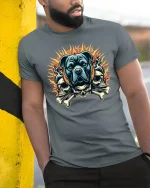 Fierce Dog Skull Fire Flame Biker Style Graphic Tee - model wearing grey tee, leaning on column