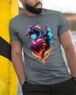 Fiery Dragon Heart Love Flame Fantasy Art T-Shirt - model wearing grey tee, leaning on column