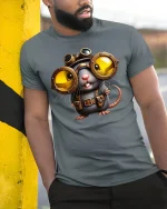 Funny Steampunk Mouse Big Goggles Inventor T-Shirt - model wearing grey tee, leaning on column