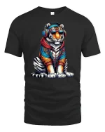 Cool Tiger Headphones Streetwear Urban Vibe T-Shirt - black t-shirt on white background