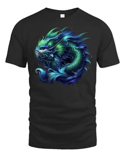 Blue Dragon Fish Mythic Power Fantasy Art T-Shirt - black t-shirt on white background
