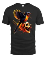 Fiery Bird and Skull Gothic Flame Power T-Shirt - black t-shirt on white background