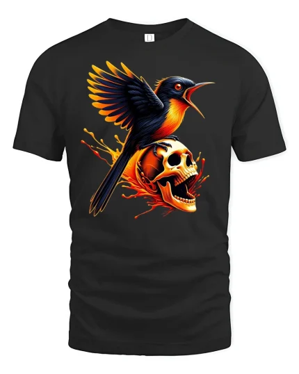Fiery Bird and Skull Gothic Flame Power T-Shirt - black t-shirt on white background