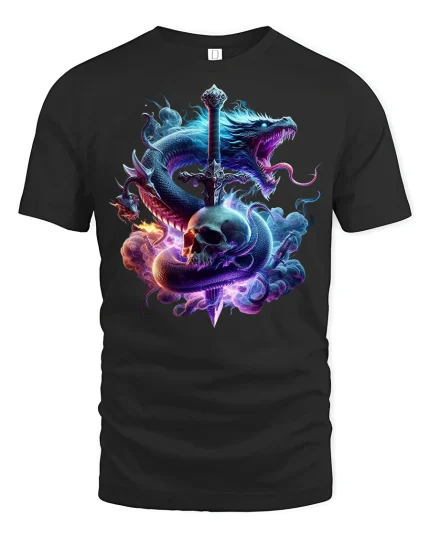 Dragon Skull Sword Flame Gothic Fantasy Art T-Shirt - black t-shirt on white background